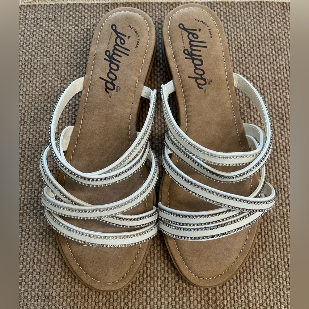 Jellypop White Multi-Strap Slide Sandals with Rhinestone Accents Size 10